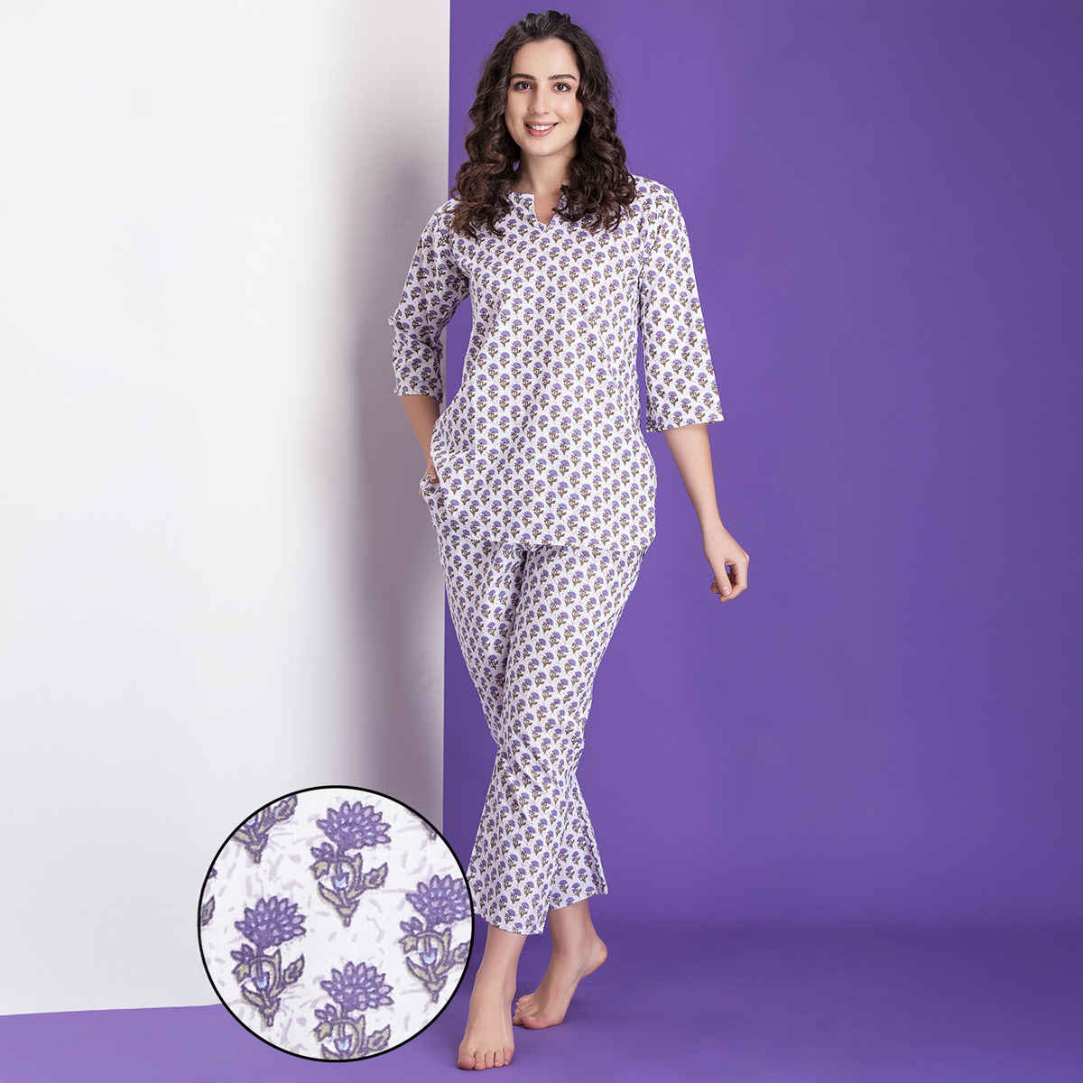 Clovia Pretty Florals Top & Pyjama - 100% Cotton(Blue - S)