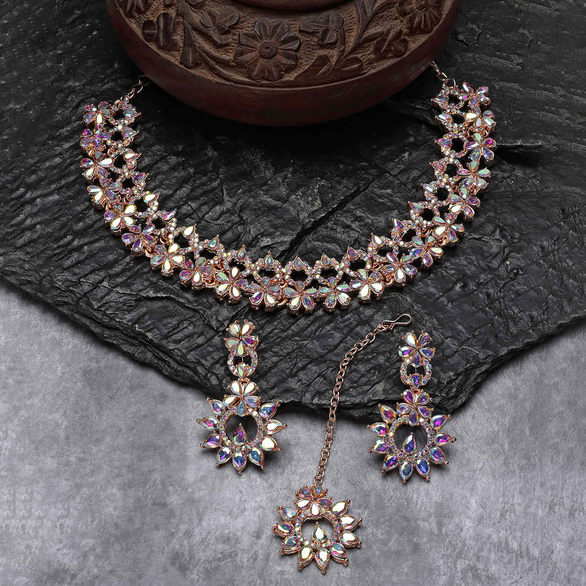 Sukkhi Innovative Rose Gold Plated Rose Gold Stone Studded Choker Necklace Set