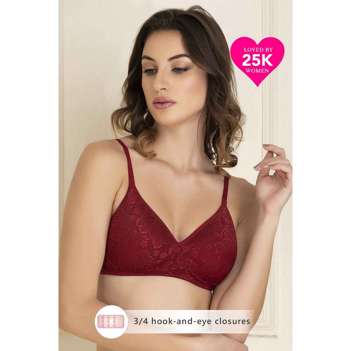 Clovia Women Padded Non-Wired Full Coverage Bra - Lace | Maroon | 38B