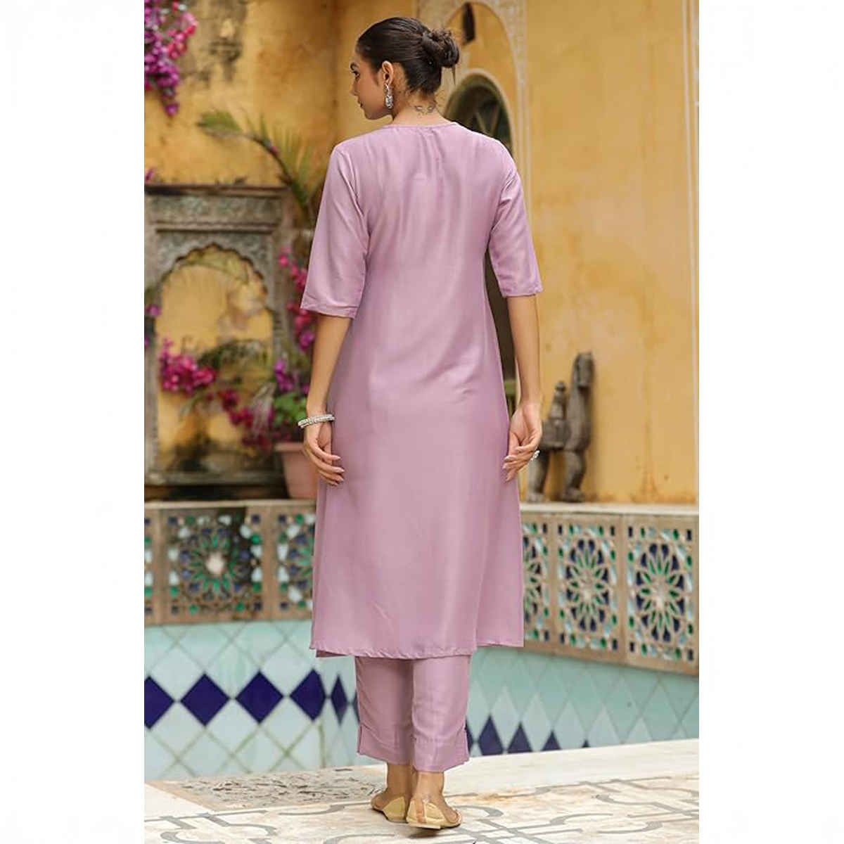 Janasya Women's Lavender Silk Blend Solid Wrap Kurta Set | M