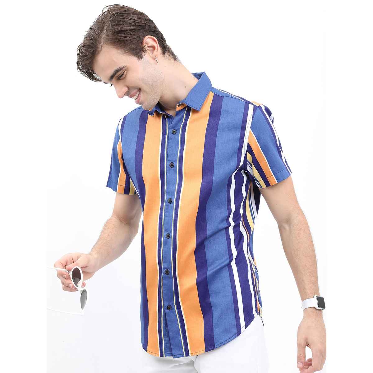 Ketch Men Slim Fit Striped Cotton Casual Shirt | Blue | L
