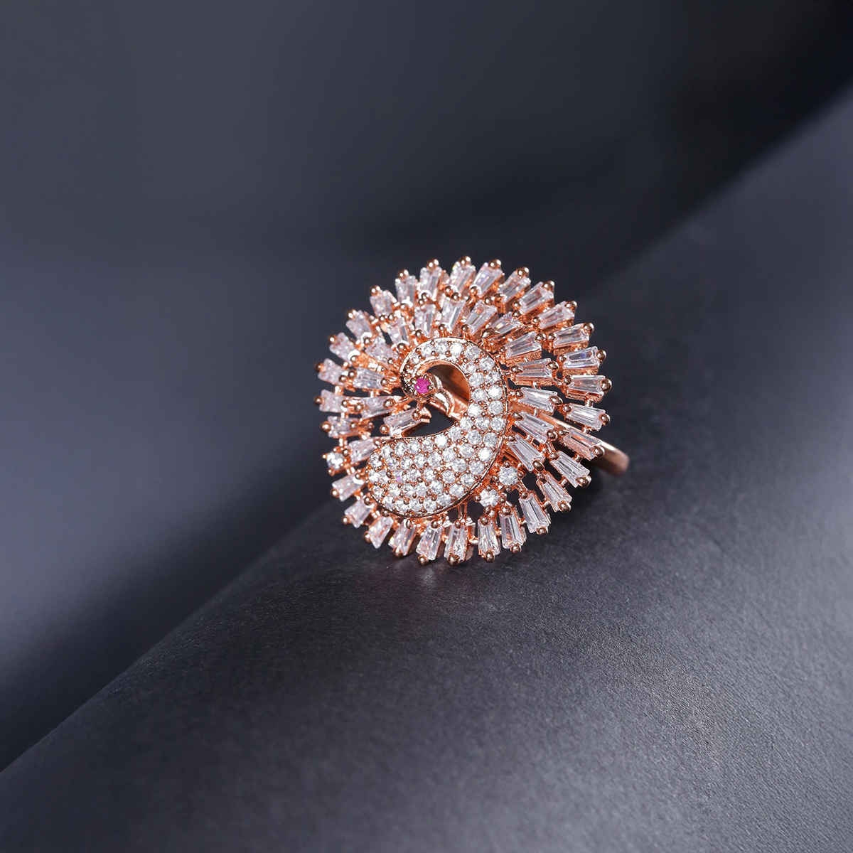 Priyaasi Bird Feathers-Rose Gold-Plated Peacock Adjustable Ring Studded With American Diamond