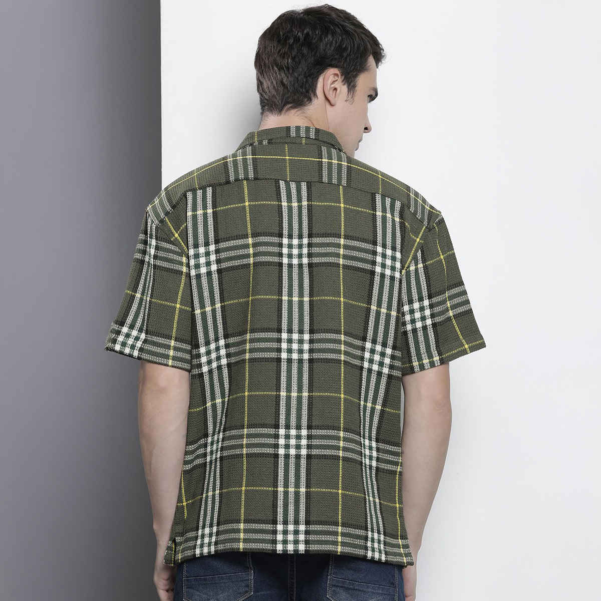 The Indian Garage Co Men's Relaxed Fit Checkered Resort Wear Half Sleeve Shirt | Green - M
