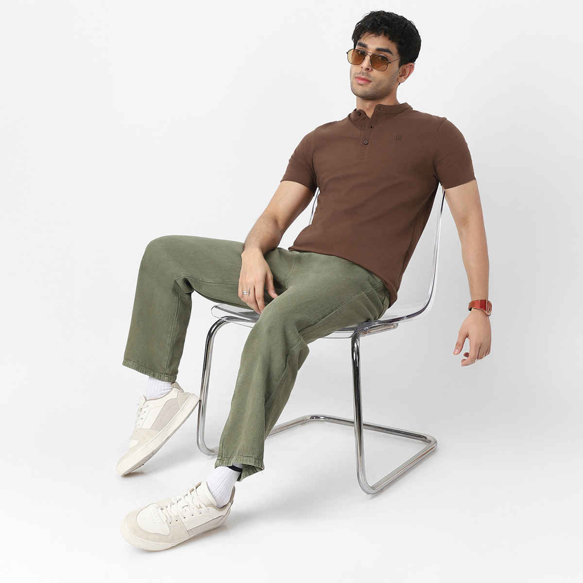 Urbano Fashion Men's Slim Fit Solid Mandarin Collar Half Sleeve Cotton T-Shirt | Cocoa Brown - L