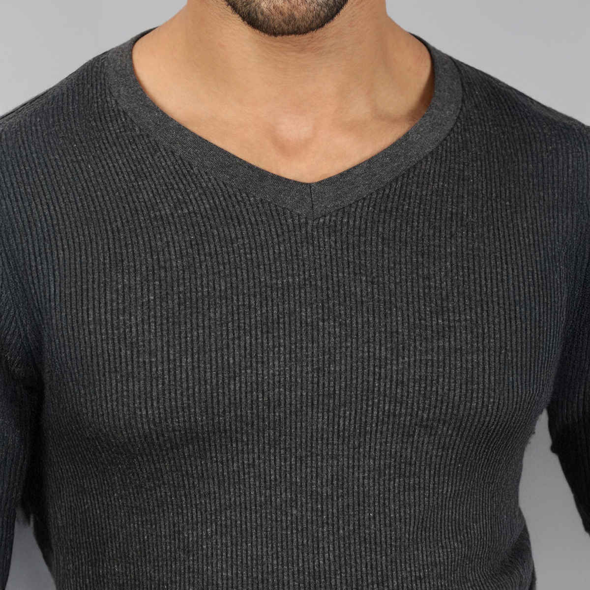 Lux Cozi Men's Heatek Thermal Comfort, Stretchable & Super Warm V-Neck Top | Black Melange-95