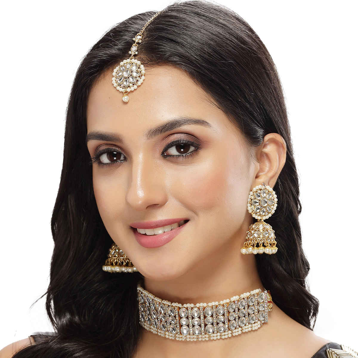 Sukkhi Traditionally Gold Plated White Kundan & Beads Studded Collar Necklace Set