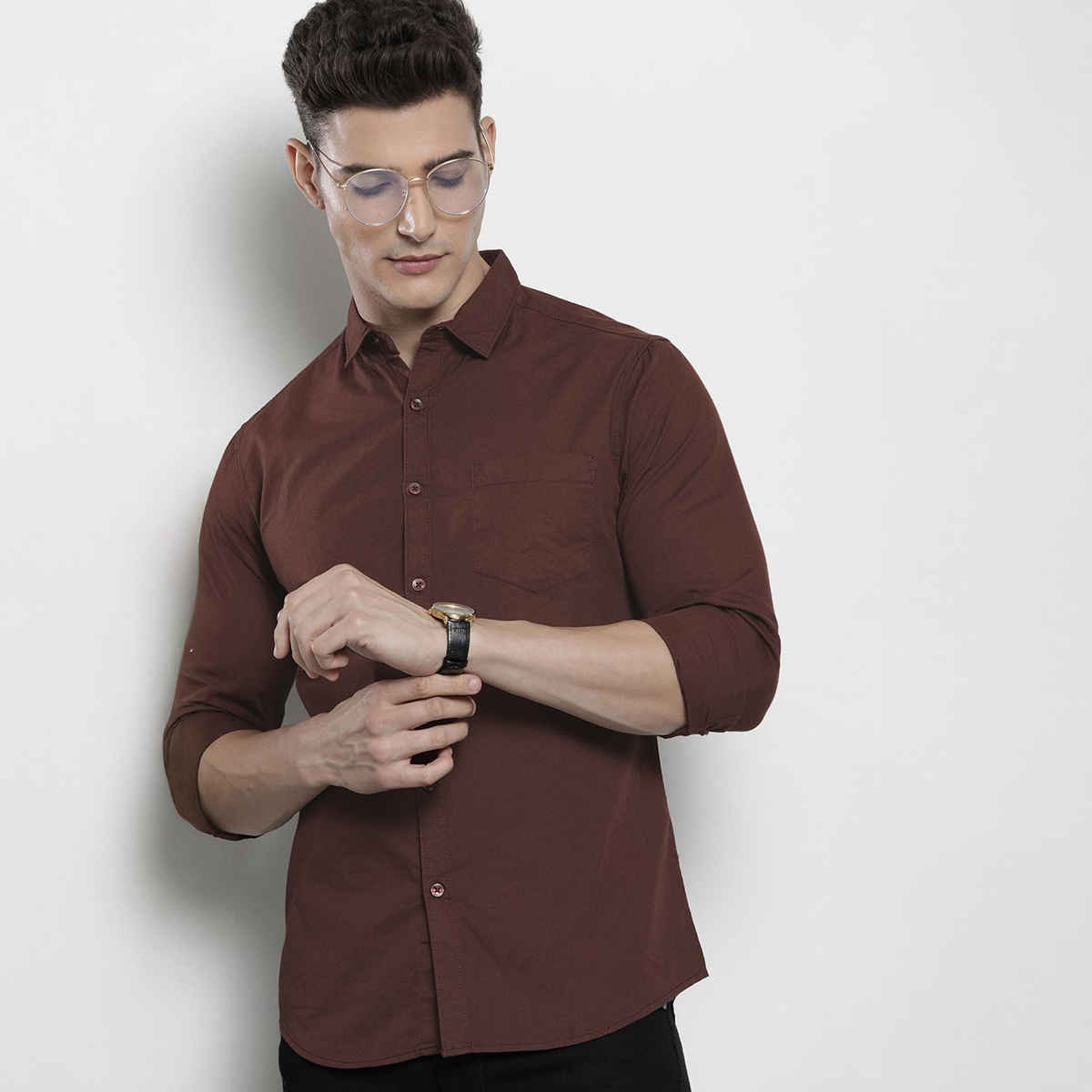 The Indian Garage Co Men's Regular Fit Solid Casual Shirt | Brown - L