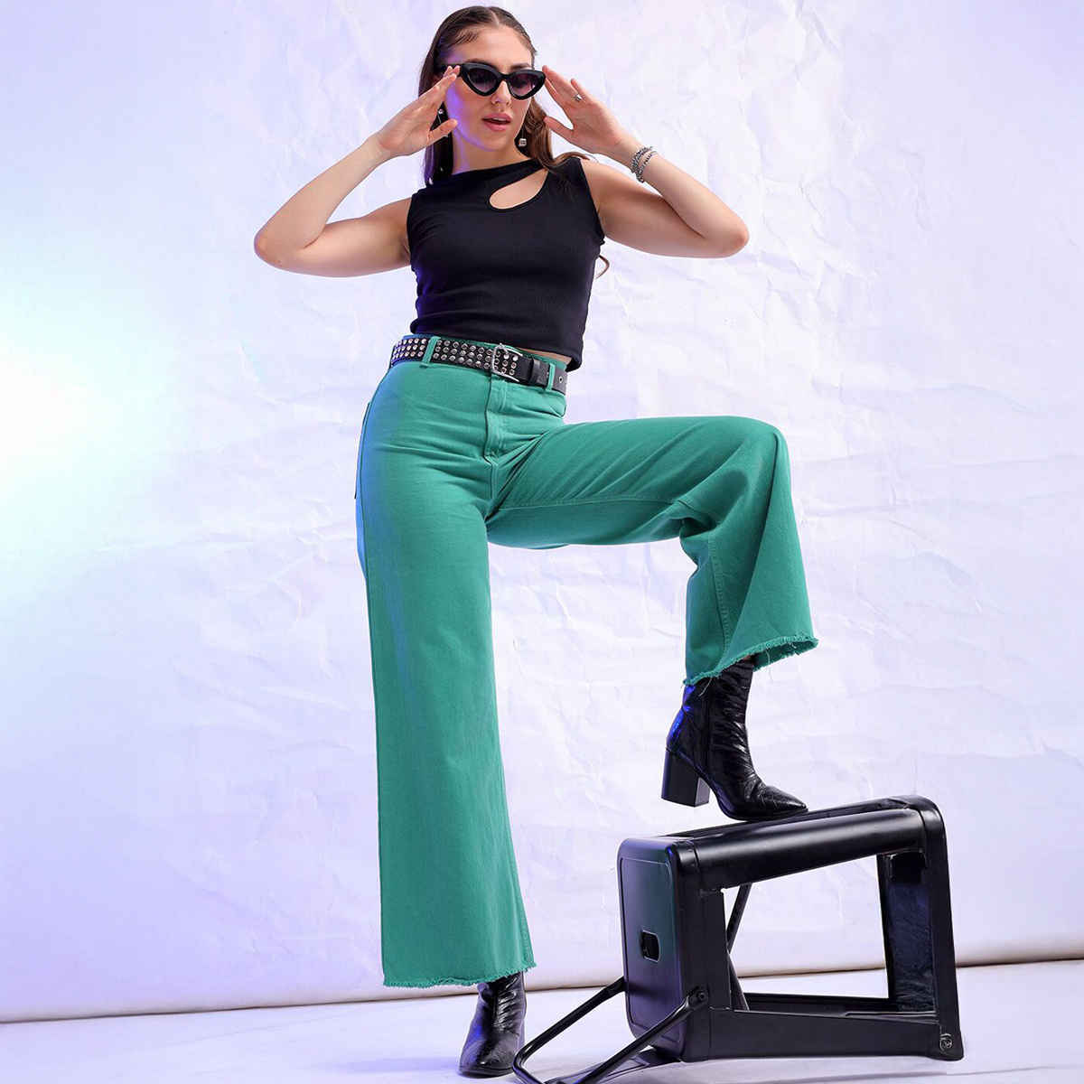 Freehand Women's High Rise Clean Look Over Dyed Bootcut Raw Edge Jeans | Green - 32