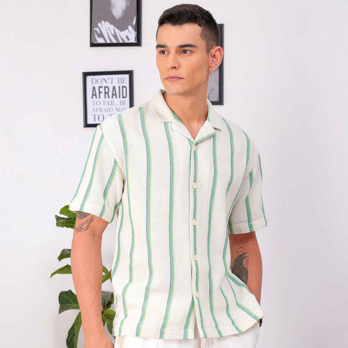 The Indian Garage Co Men's Relaxed Fit Striped Casual Shirt | Cream | L