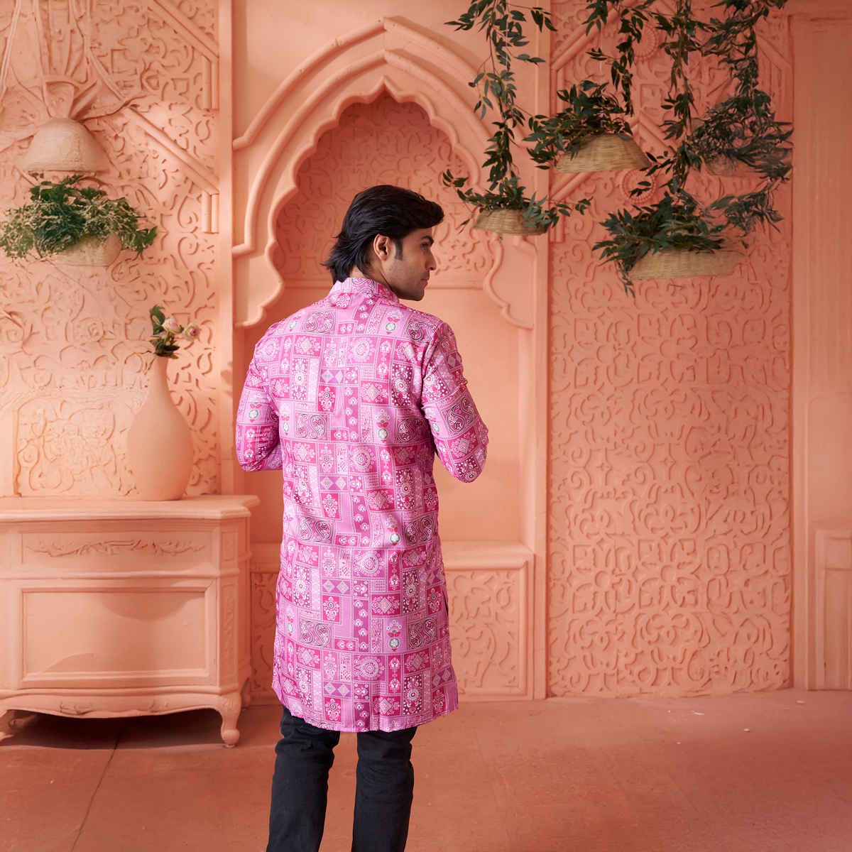 House Of Festivals Men's Printed Cotton Blend Long Kurta | Purple - M