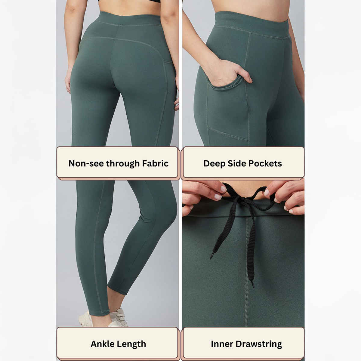 Blinkin Women's Gym Pants & Tights - Dark Green | Workout | With Side Pockets | XL