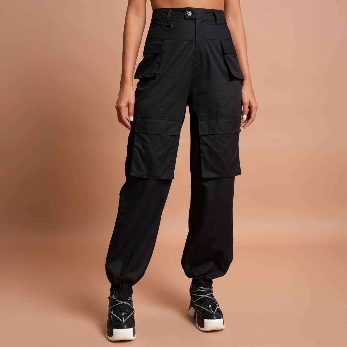 Tokyo Talkies Women's High-Rise Cotton Cargos | Black - 30