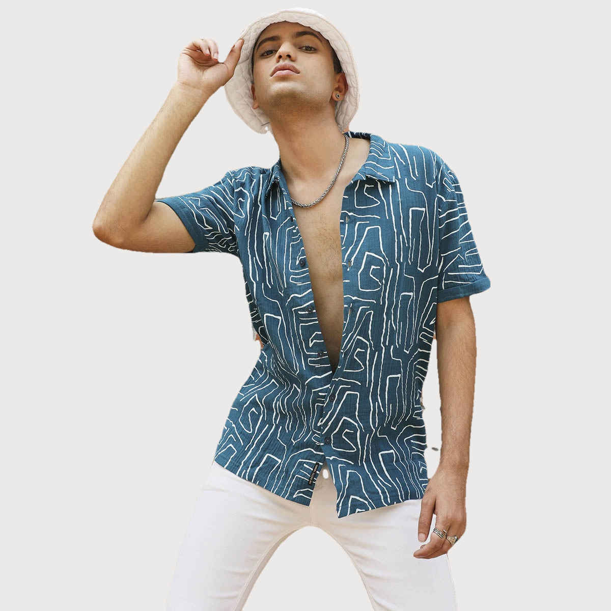 Campus Sutra Men's Abstract Lines Print Shirt | Blue - S