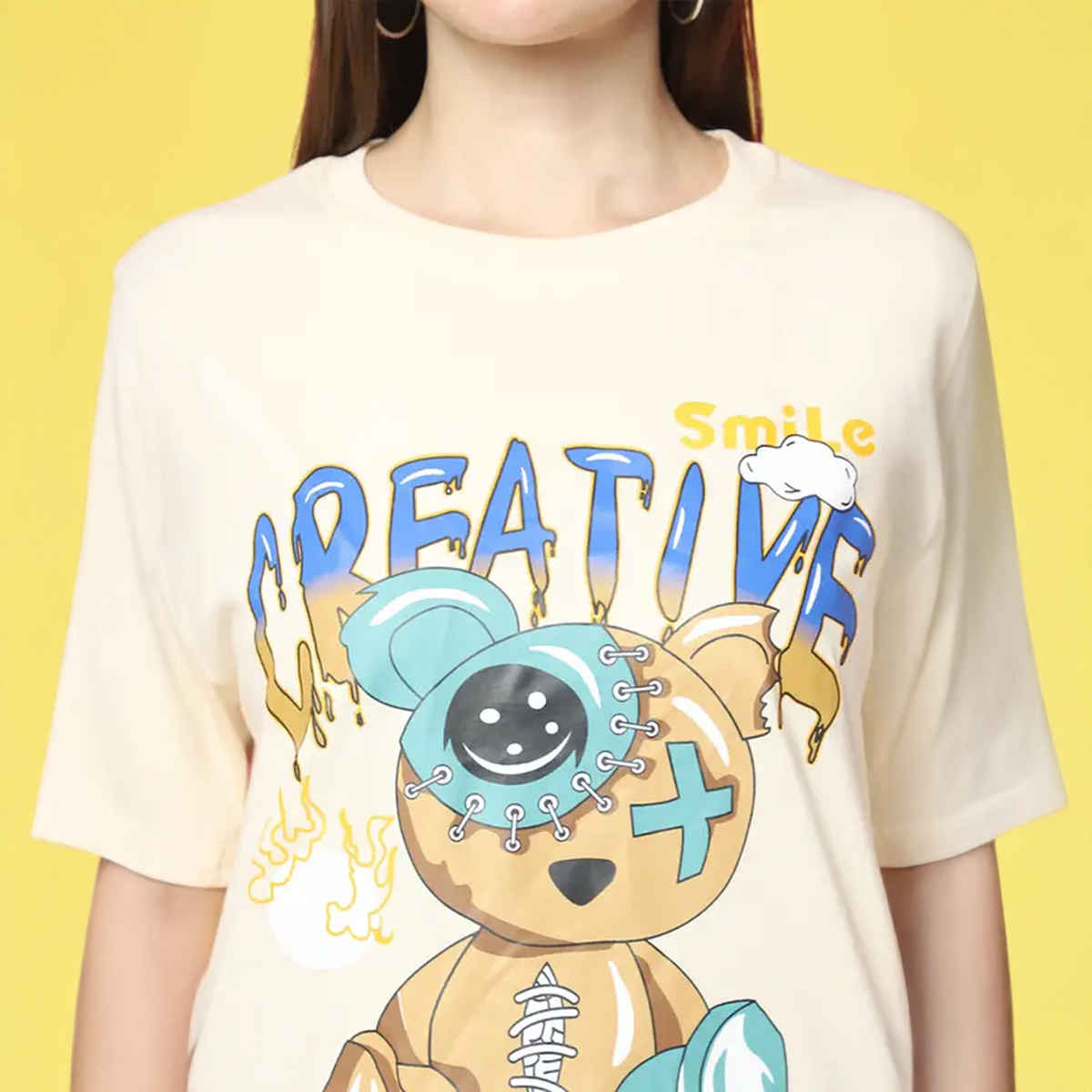 Fabflee Women Oversize Cotton Printed Round Neck Tshirt | Beige | FAB-OS-529 | L