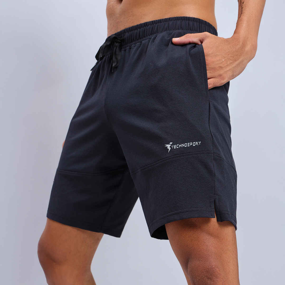 Technosport Men Poly Solid Relax Fit Sports Shorts with ELASTO LITE | Black | L