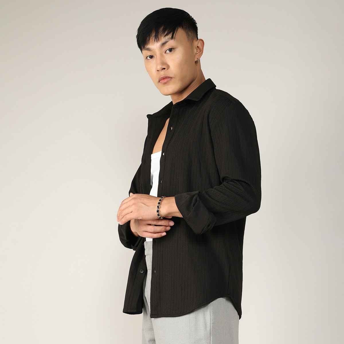 Campus Sutra Men's Stripe - Creased Shirt | Black - M