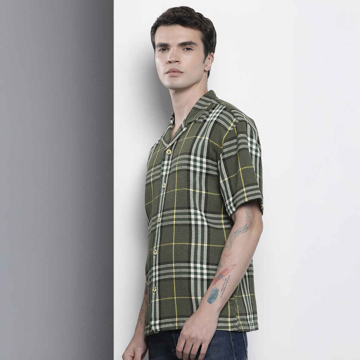 The Indian Garage Co Men's Relaxed Fit Checkered Resort Wear Half Sleeve Shirt | Green - M