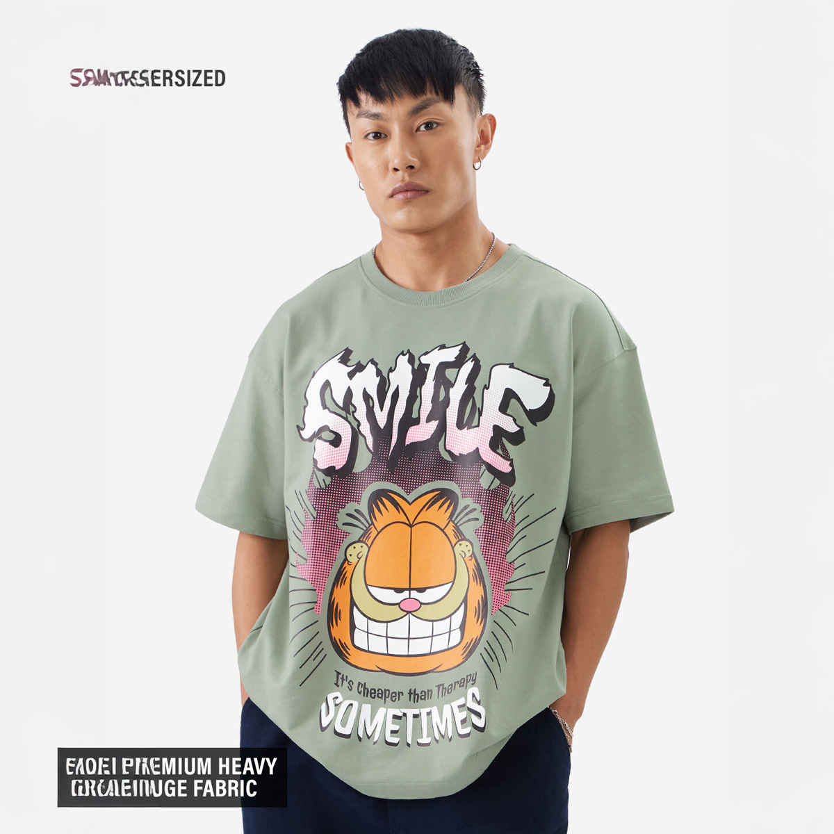 The Souled Store Men's Garfield Smile Oversized T-shirt | Green - S
