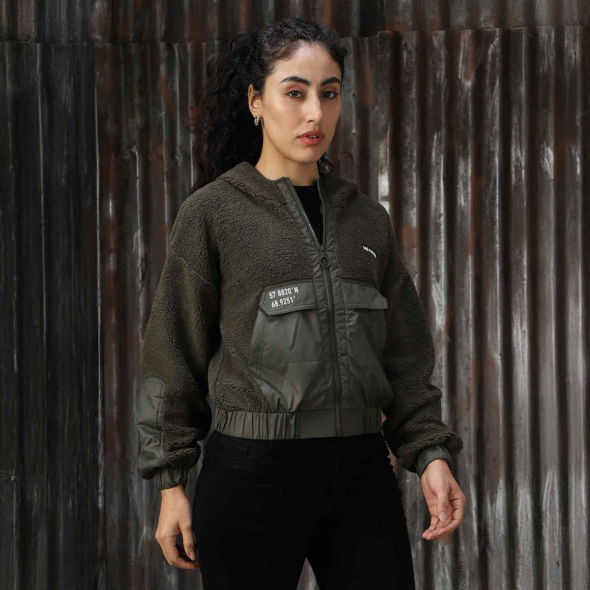 High Star Women's Self Design Hooded Front-Open Crop Sweatshirt | Olive - M