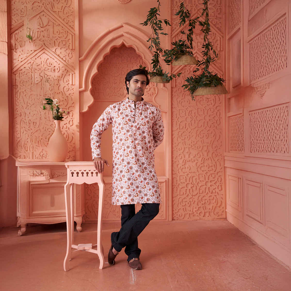 House Of Festivals Men's Printed Cotton Blend Long Kurta | Cream - L