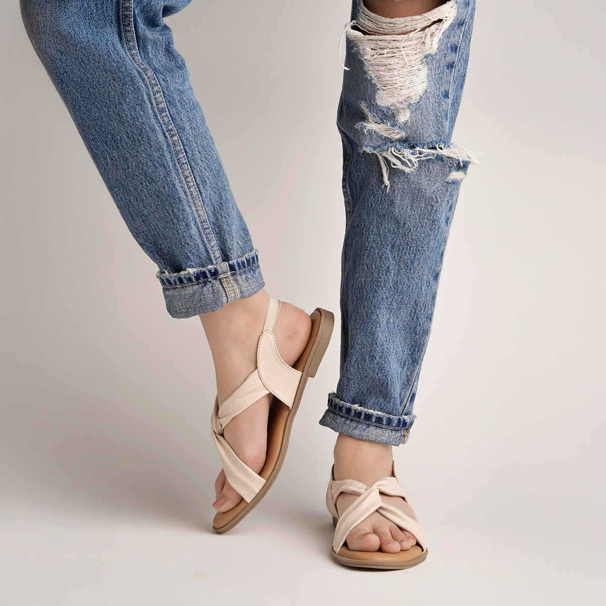 Shoetopia Cross Strap Cream Flat Sandals For Women | UK 7