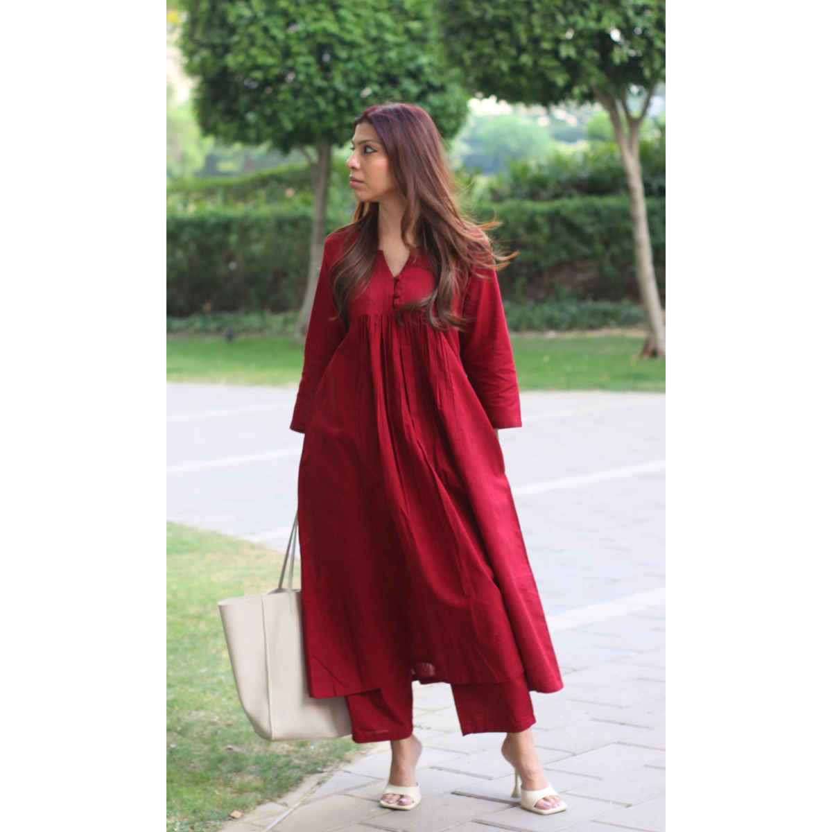 GoSriKi Women's Viscose Rayon Anarkali Solid Kurta with Pant | ANVI | Red - L