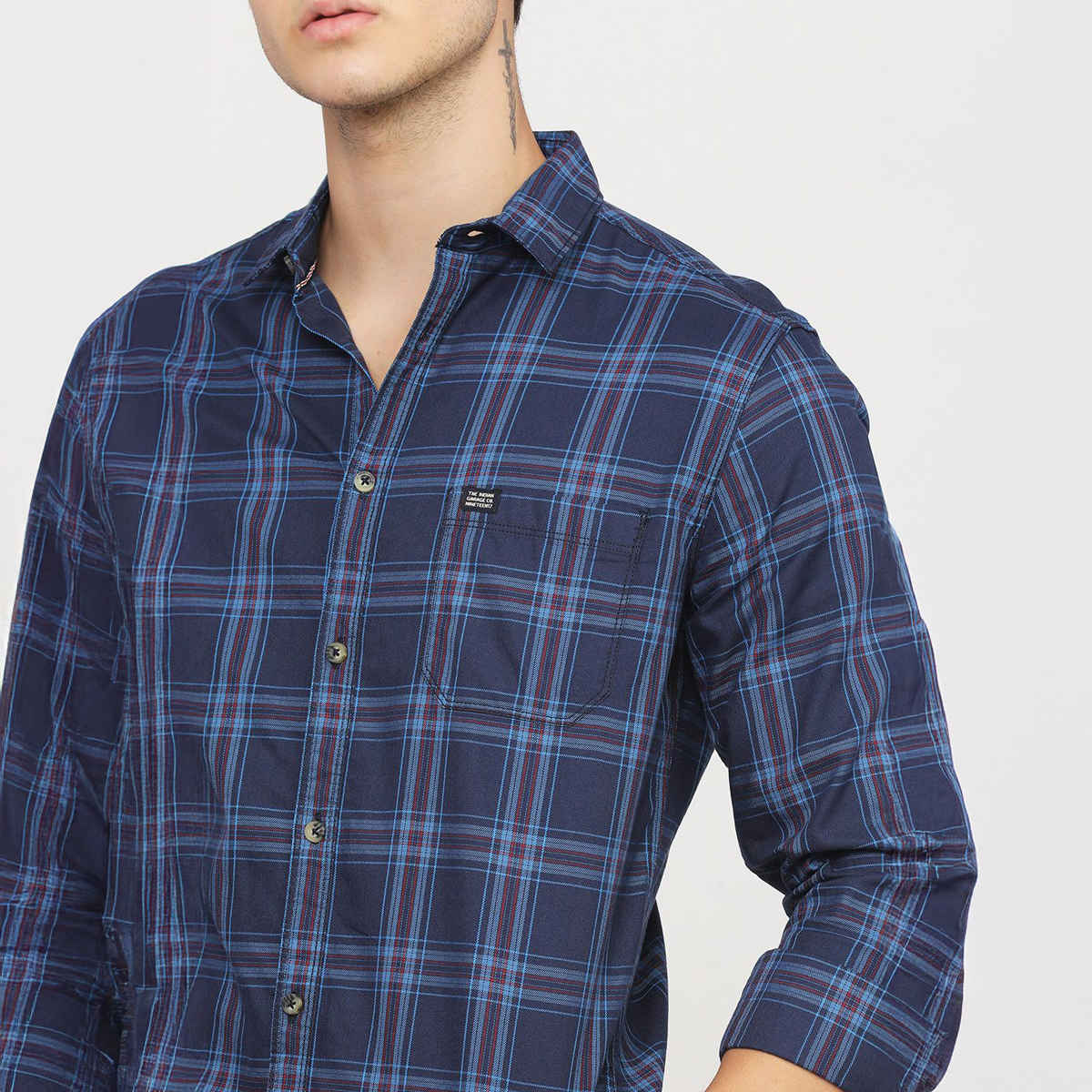 The Indian Garage Co Men's Slim Fit Checkered Casual Shirt | Navy Blue - 2XL