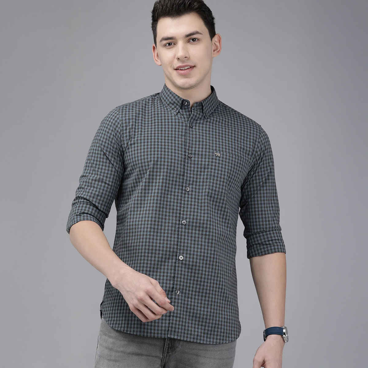The Bear House Men Slim Fit Checked Button-Down Casual Shirt - Garo | Teal | XXL