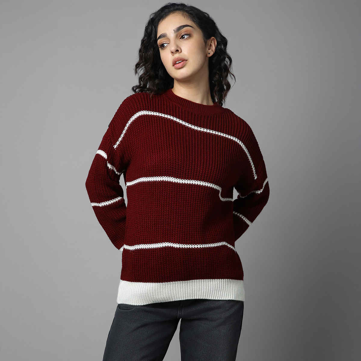 High Star Women's Striped Pullover | Maroon - XL