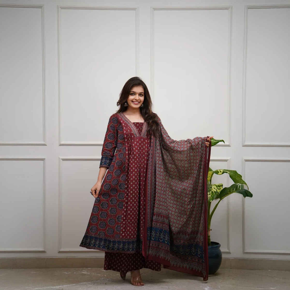 GoSriKi Women's Viscose Rayon Anarkali Printed Kurta with Pant & Dupatta | NAKULA | Wine - L