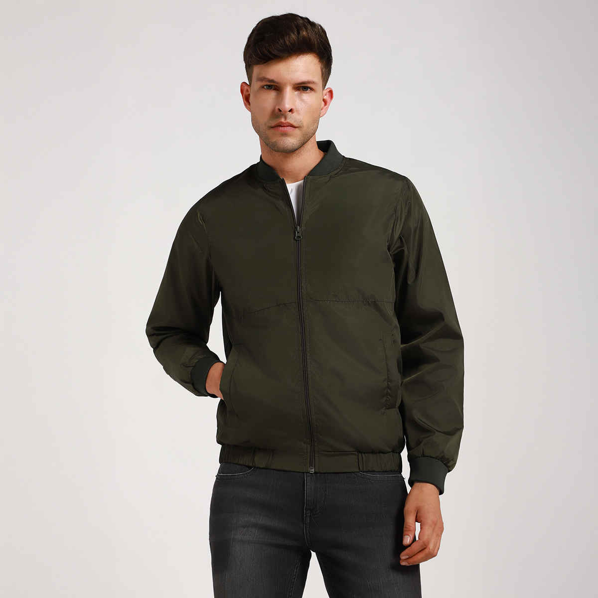 Dennis Lingo Men's Rib Collar Regular Fit Solid Green Jacket | Dlmjkw23022 - Gn | M