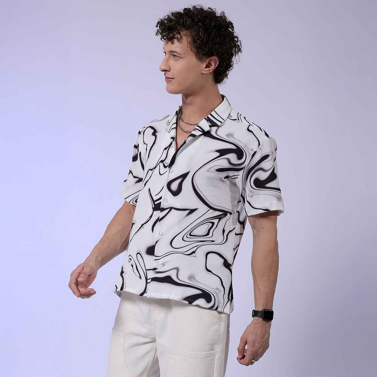 The Indian Garage Co Men's Relaxed Fit Abstract Print Resort Half Sleeve Shirt | White - M