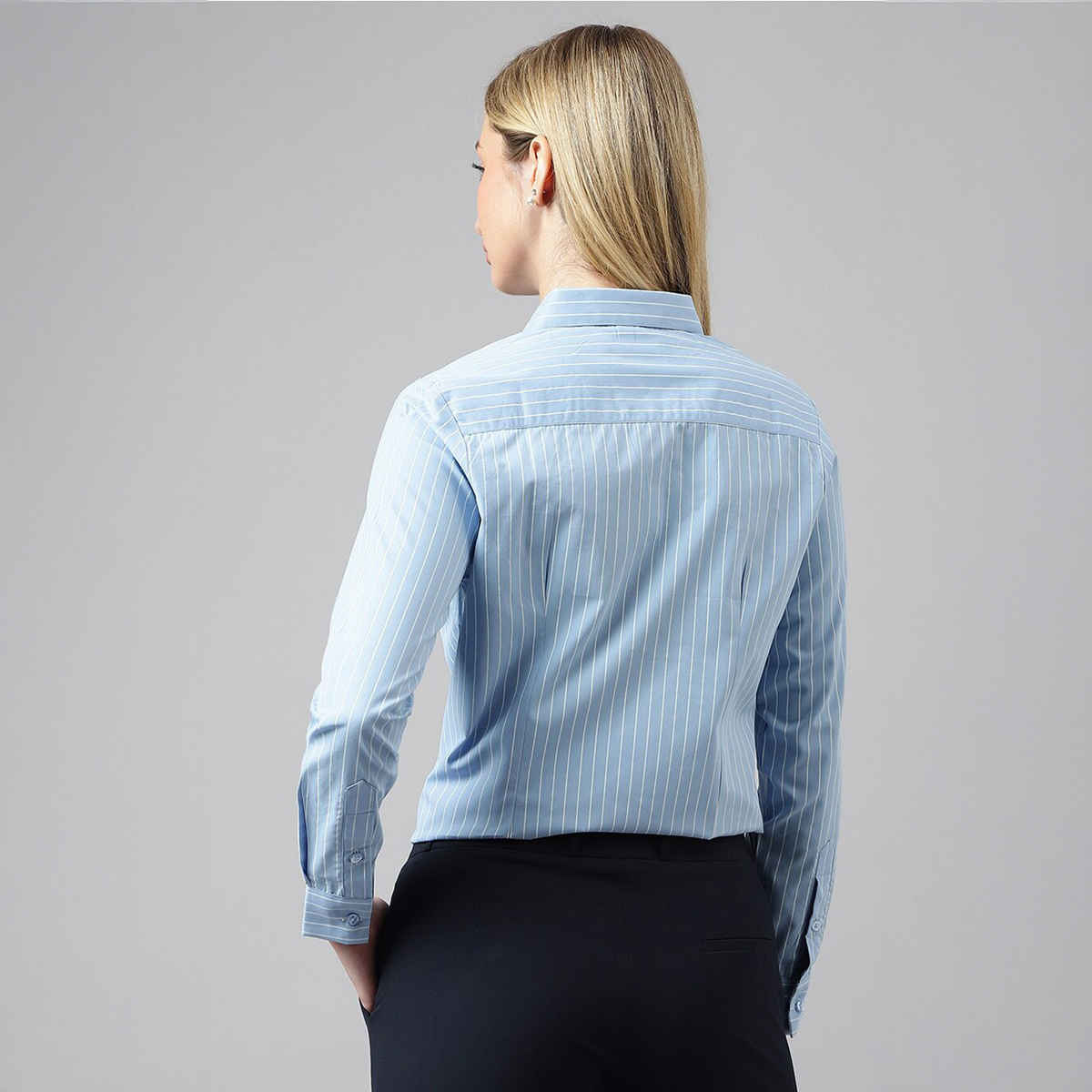 Hancock Women Blue Striped Regular Fit Pure Cotton Formal Shirt | M