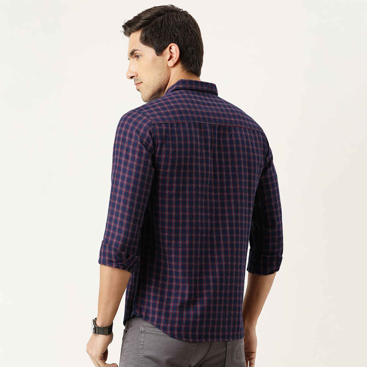 The Indian Garage Co Men's Slim Fit Checkered Casual Shirt | Navy Blue & Red - M