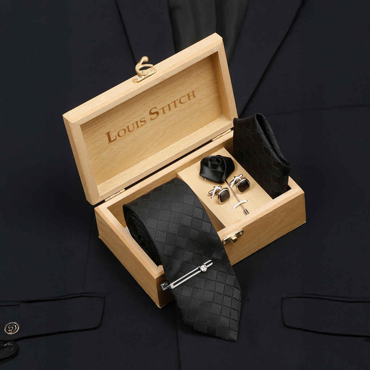 Louis Stitch Men's Silk Necktie Set | Black - Standard