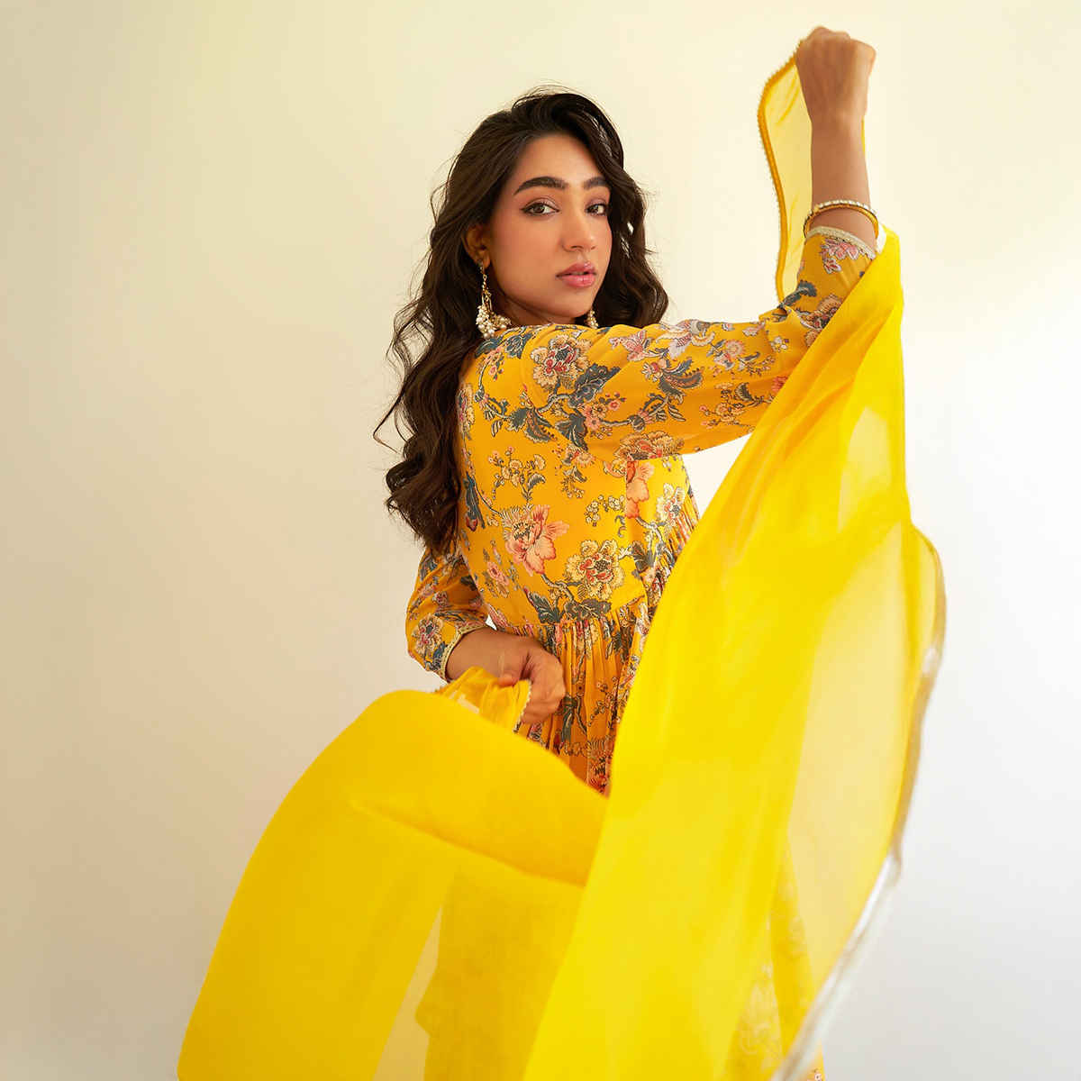 Janasya Women's Yellow Georgette Digital Floral Printed Kurta with Sharara and Dupatta | XL