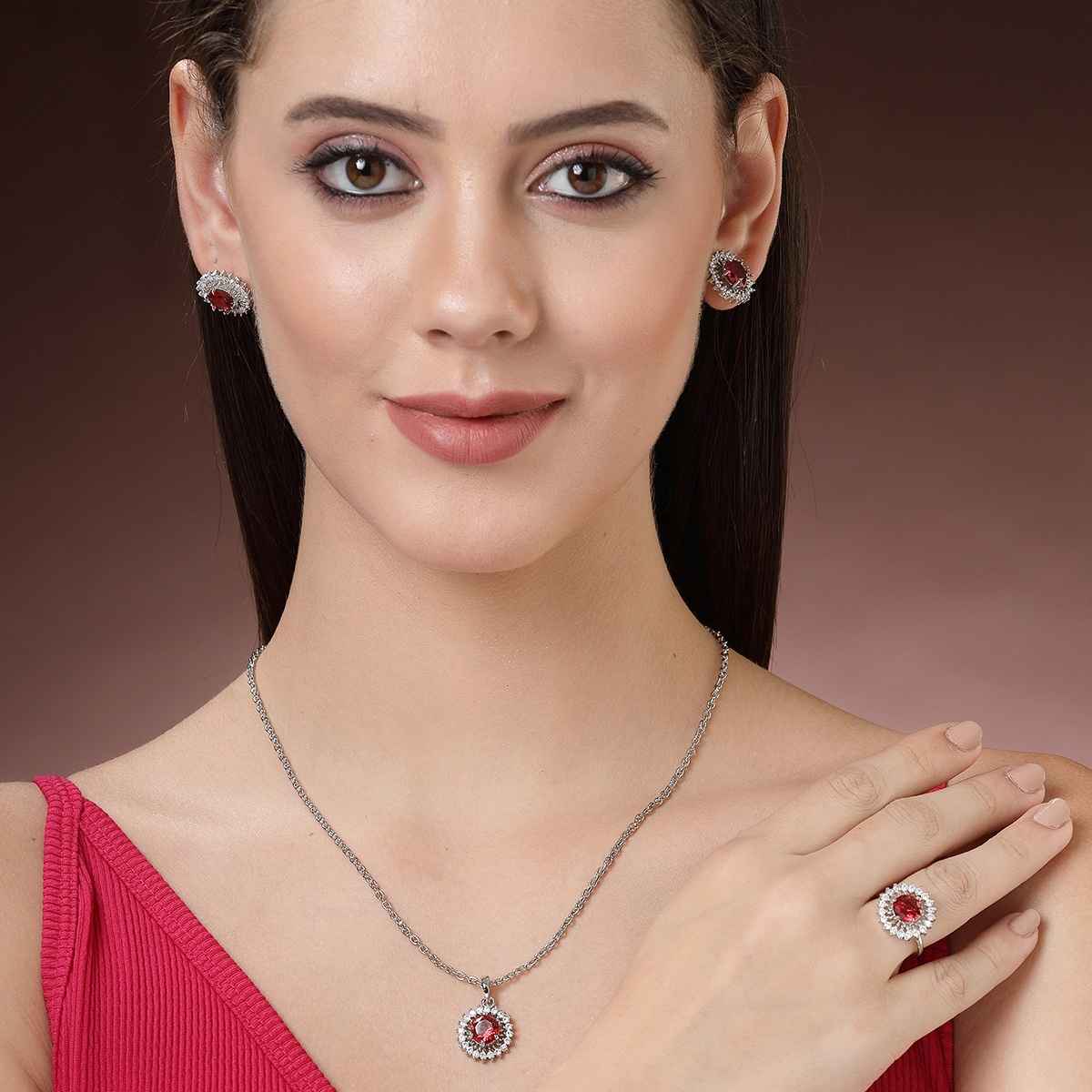 Zeneme Rhodium-Plated Red AD Crystal Round Necklace Earrings Ring For Women & Girls