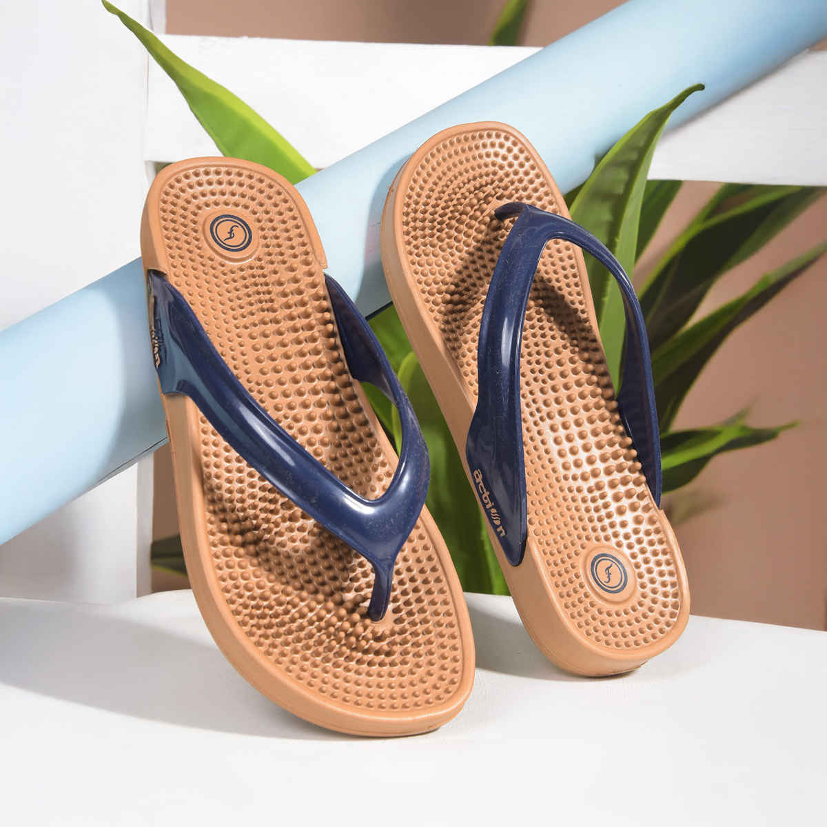 Action Women's Hran-62 Ortho Slippers | Acupressure Insole | Pain Relief Insole | Wood and Blue - UK 8