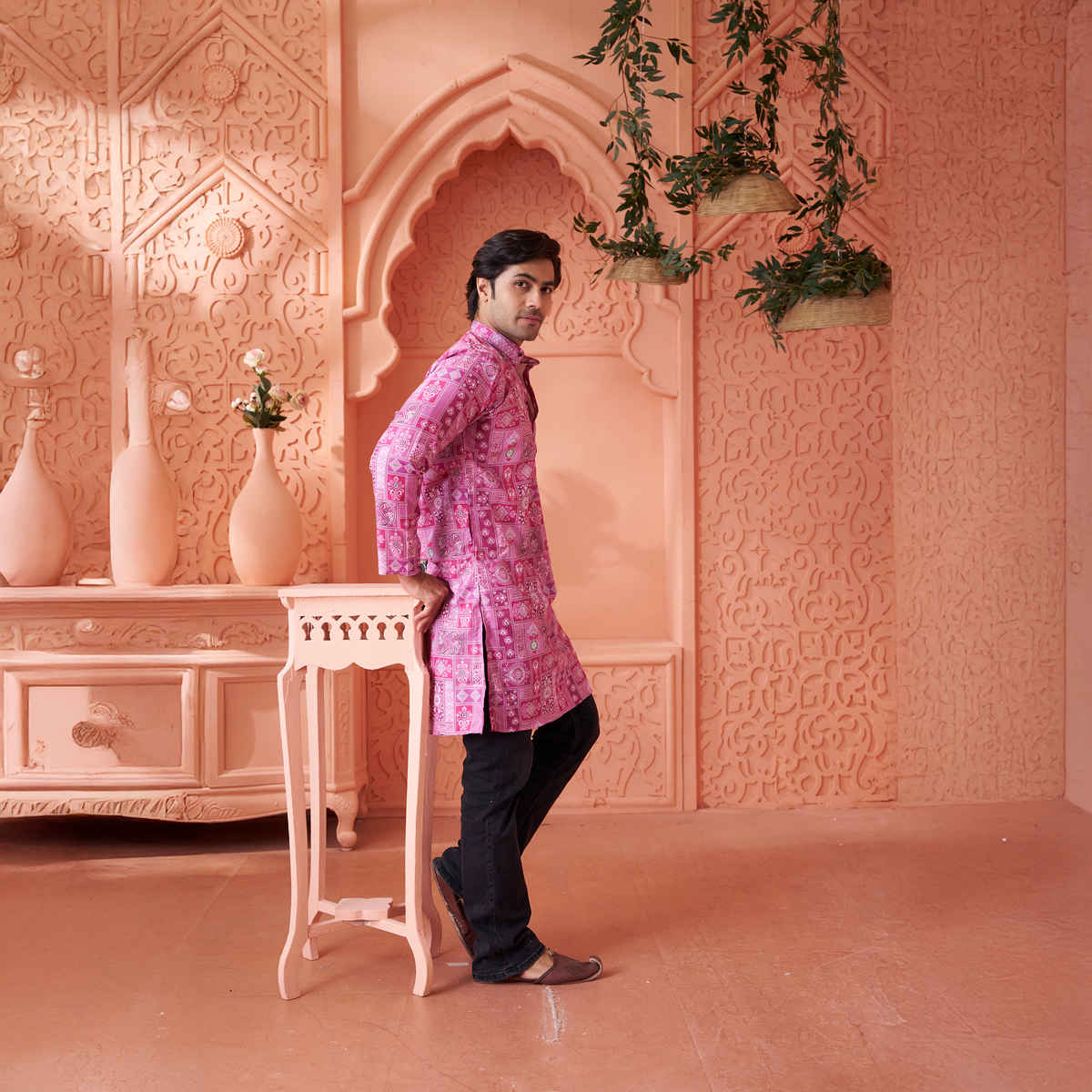 House Of Festivals Men's Printed Cotton Blend Long Kurta | Purple - M