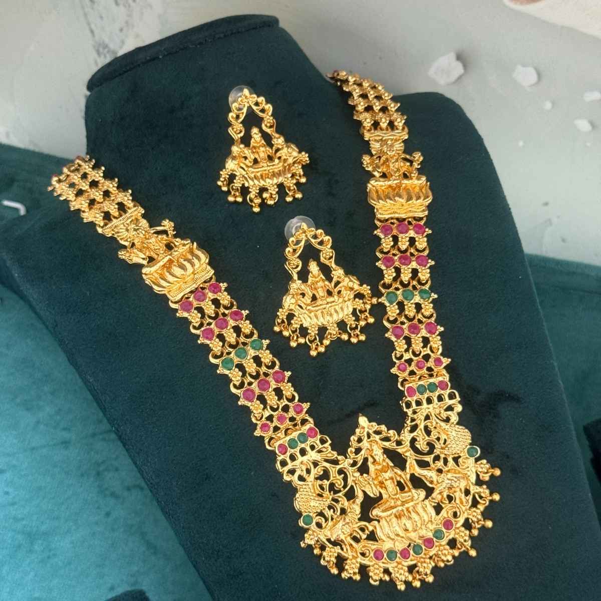 The Opal Factory Premium Temple Jewelry Long Haram Necklace Set | Laxmi | Gold Multi - Necklace
