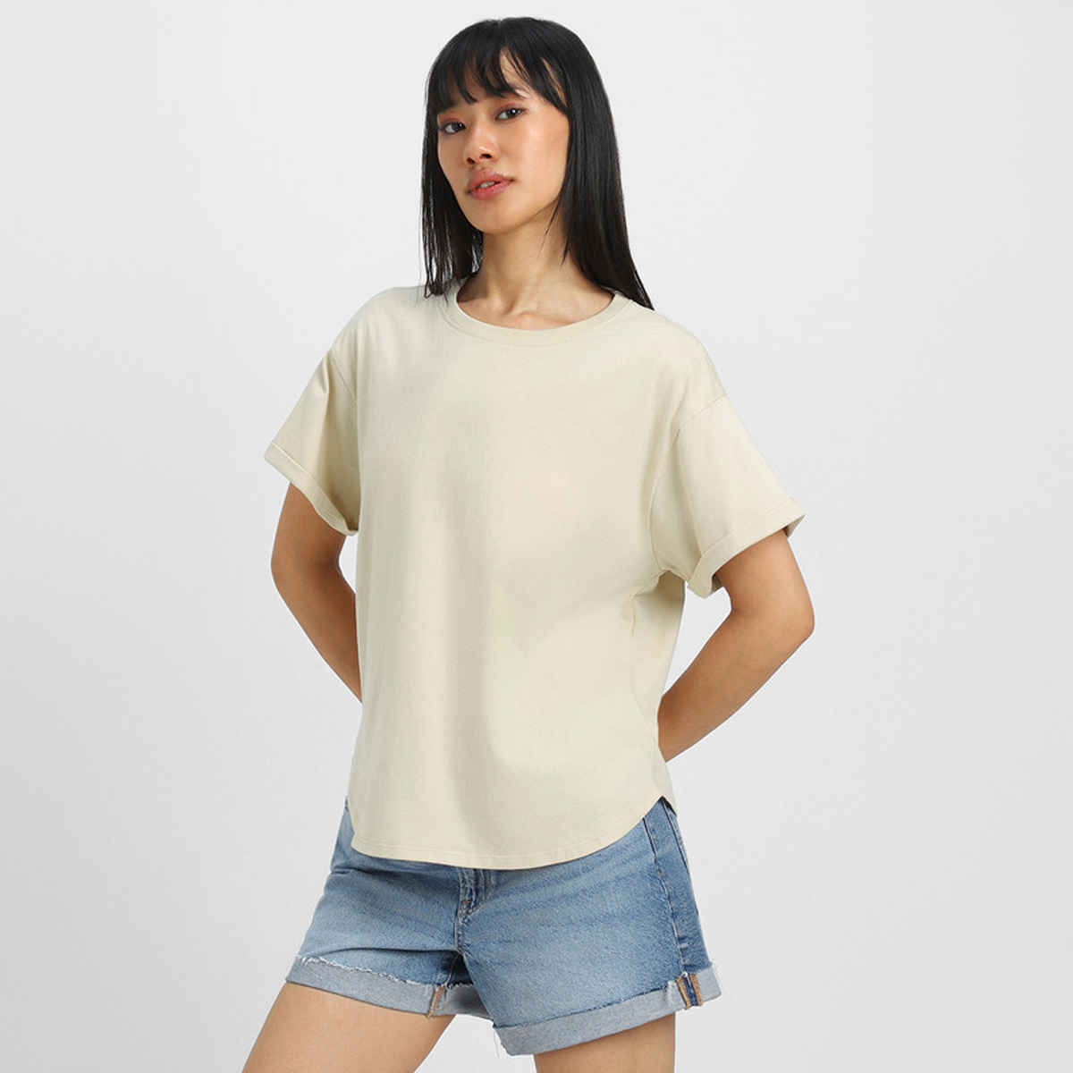 Juneberry Women's Oversized Fit Boyfriend T-shirt | Beige - XL