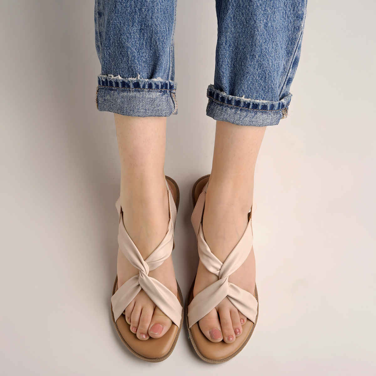 Shoetopia Cross Strap Cream Flat Sandals For Women | UK 8