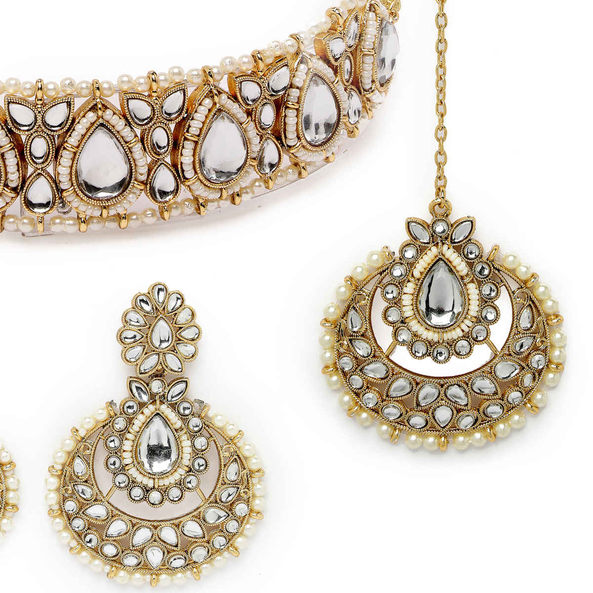 Sukkhi Fashionable Gold Plated White Kundan & Beads Studded Choker Necklace Set