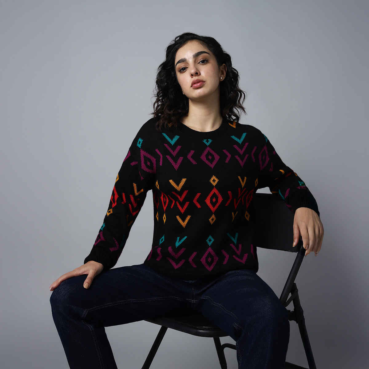 High Star Women's Geometric Printed Pullover | Black - M