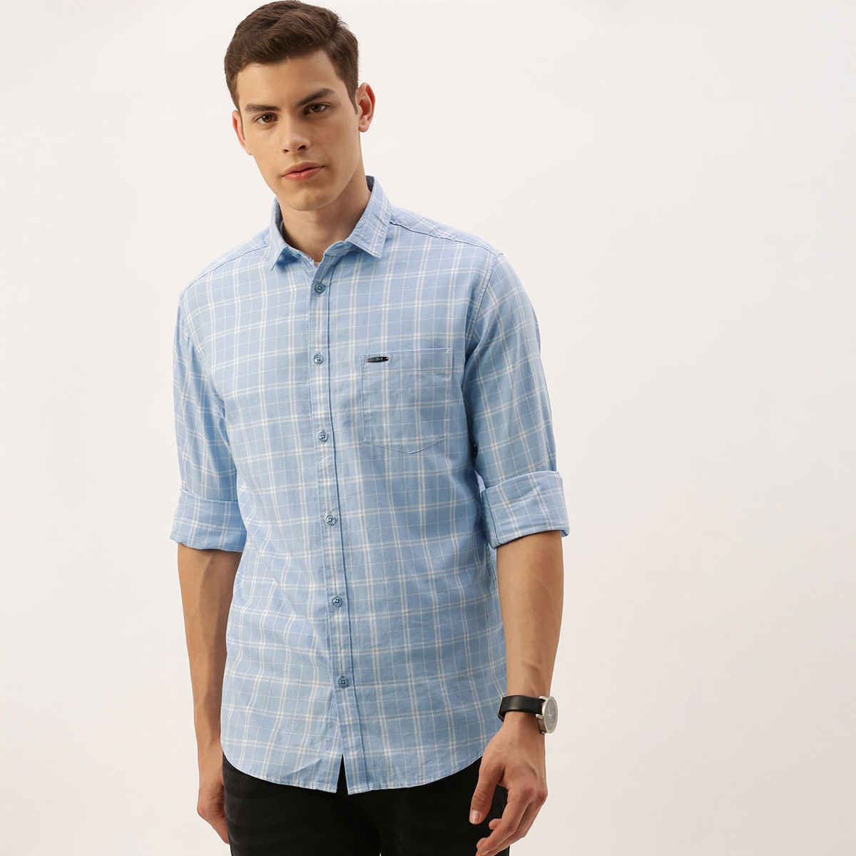 The Indian Garage Co Men's Slim Fit Checkered Casual Shirt | Blue - S