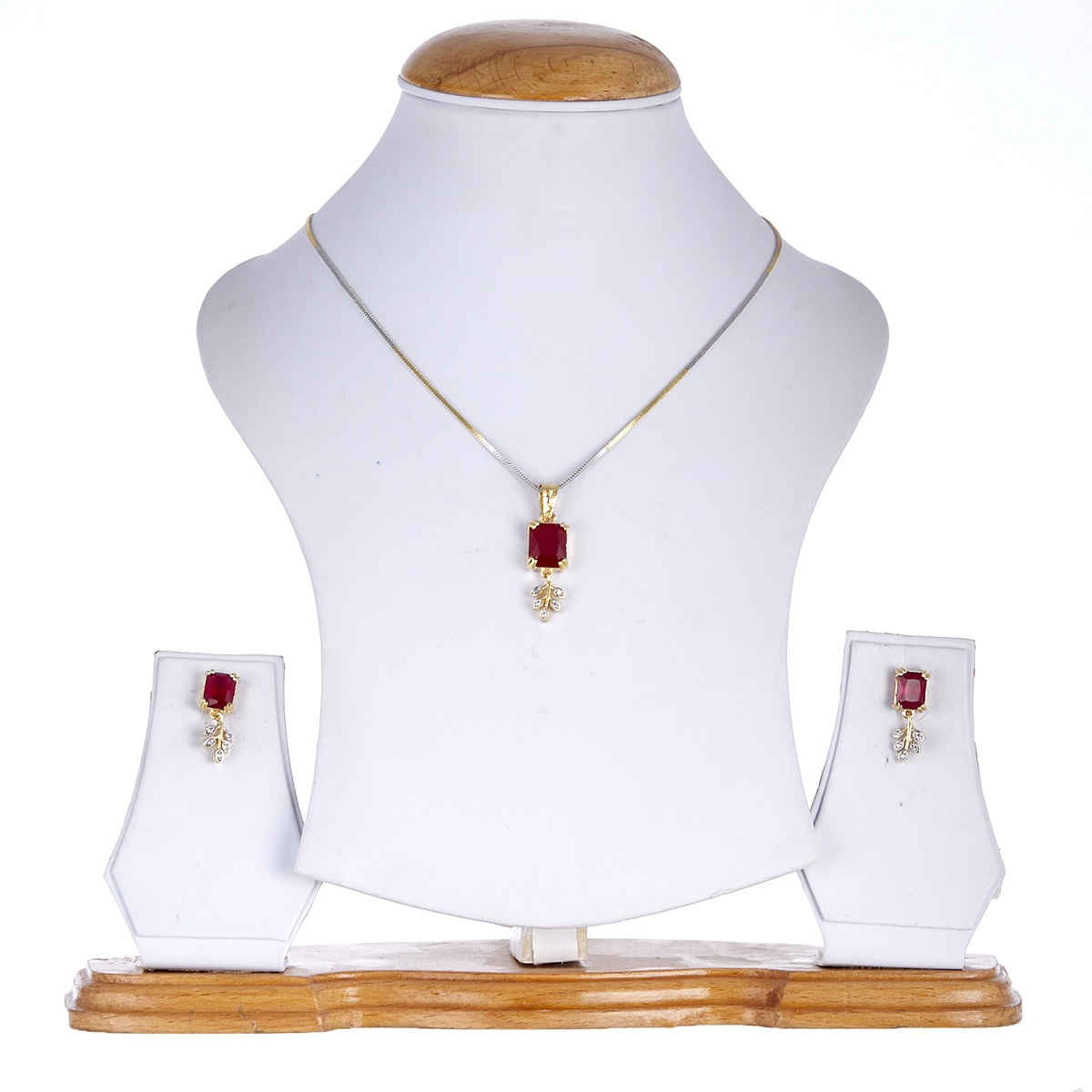 Zeneme Gold Plated Red CZ-AD Stone Drop Leaf Pendant Necklace Set With Earring For Women & Girls