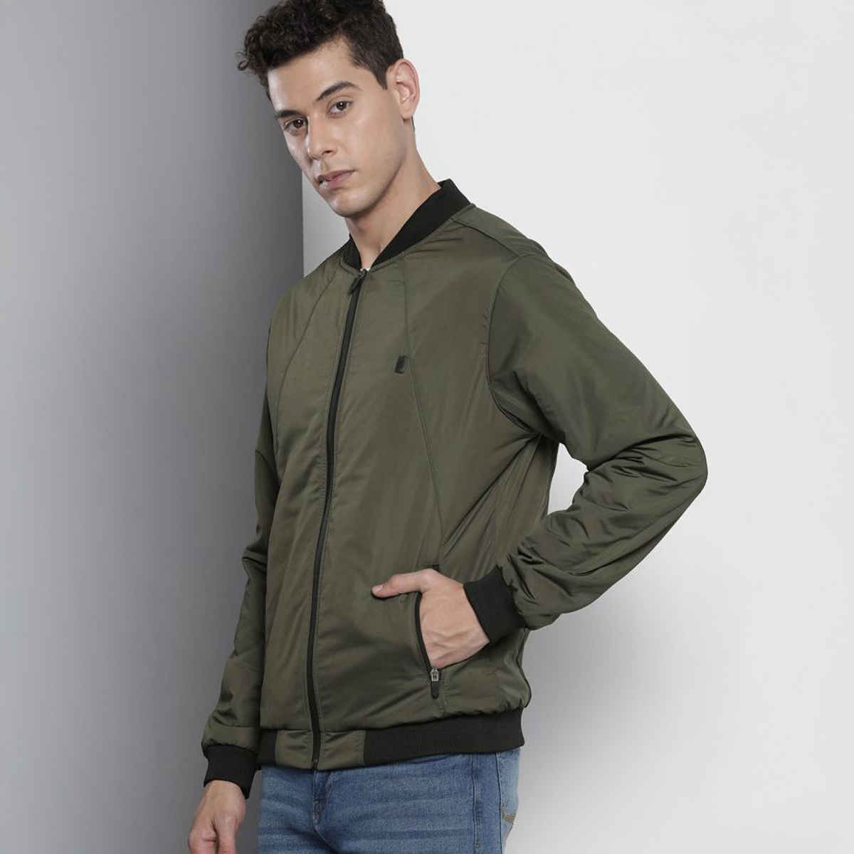 The Indian Garage Co Men's Slim Solid Jacket | Olive - L