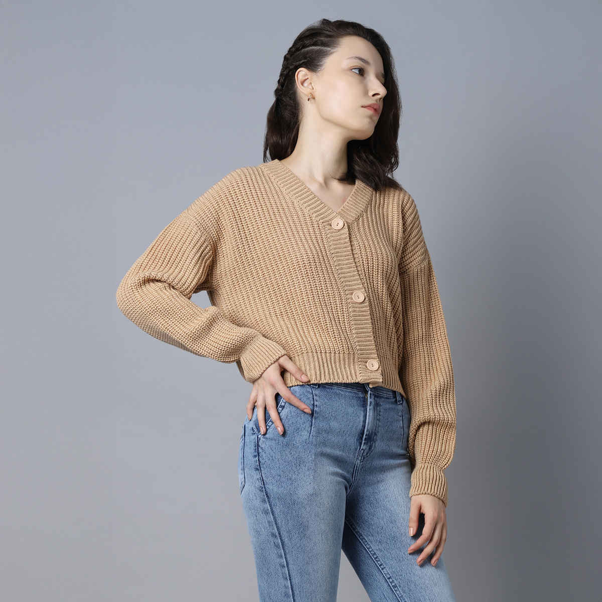 High Star Women's Sand Ribbed V-Neck Long Sleeves Acrylic Cardigan Sweaters | M