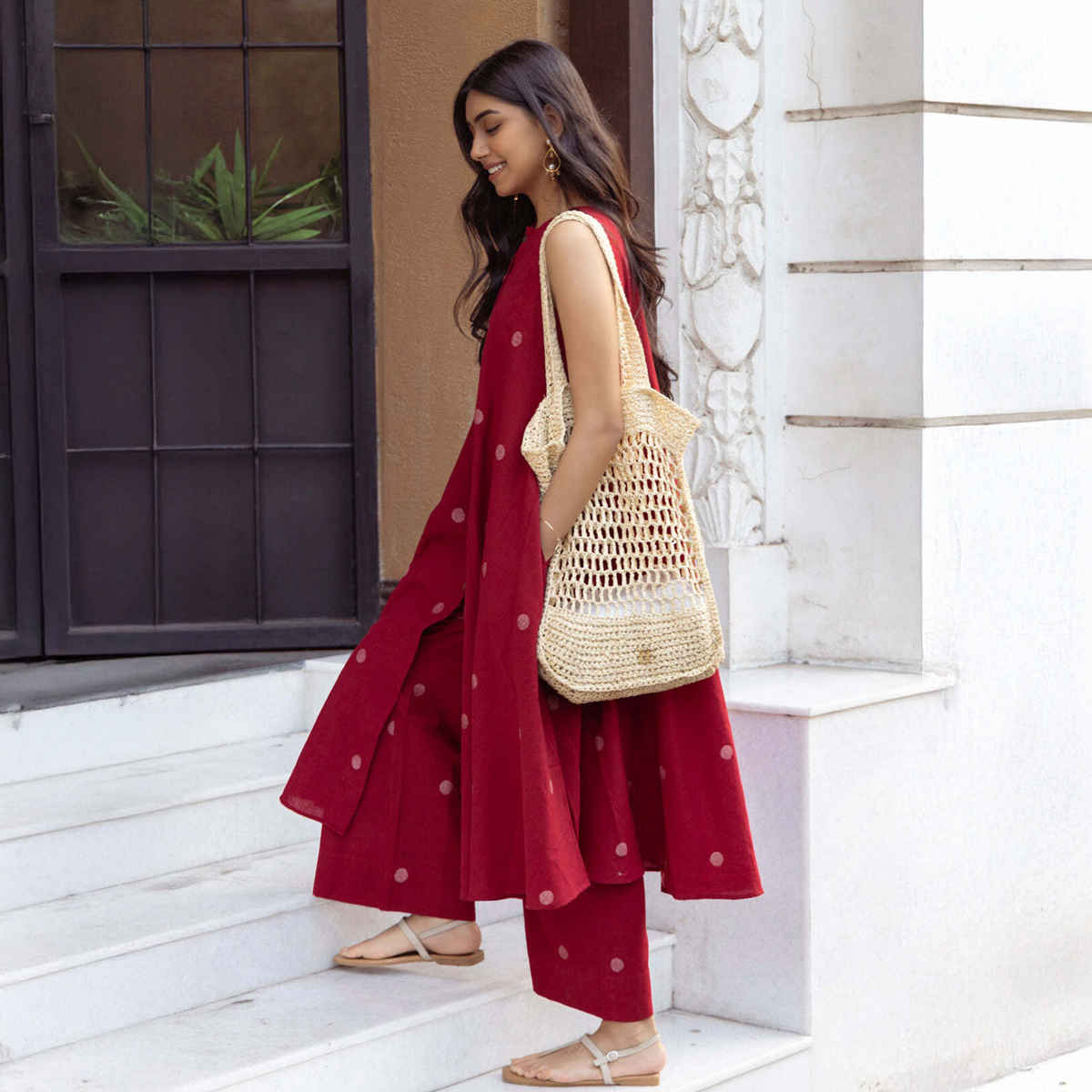 GoSriKi Women's Viscose Rayon Anarkali Polka Print Kurta with Palazzo | Red - L