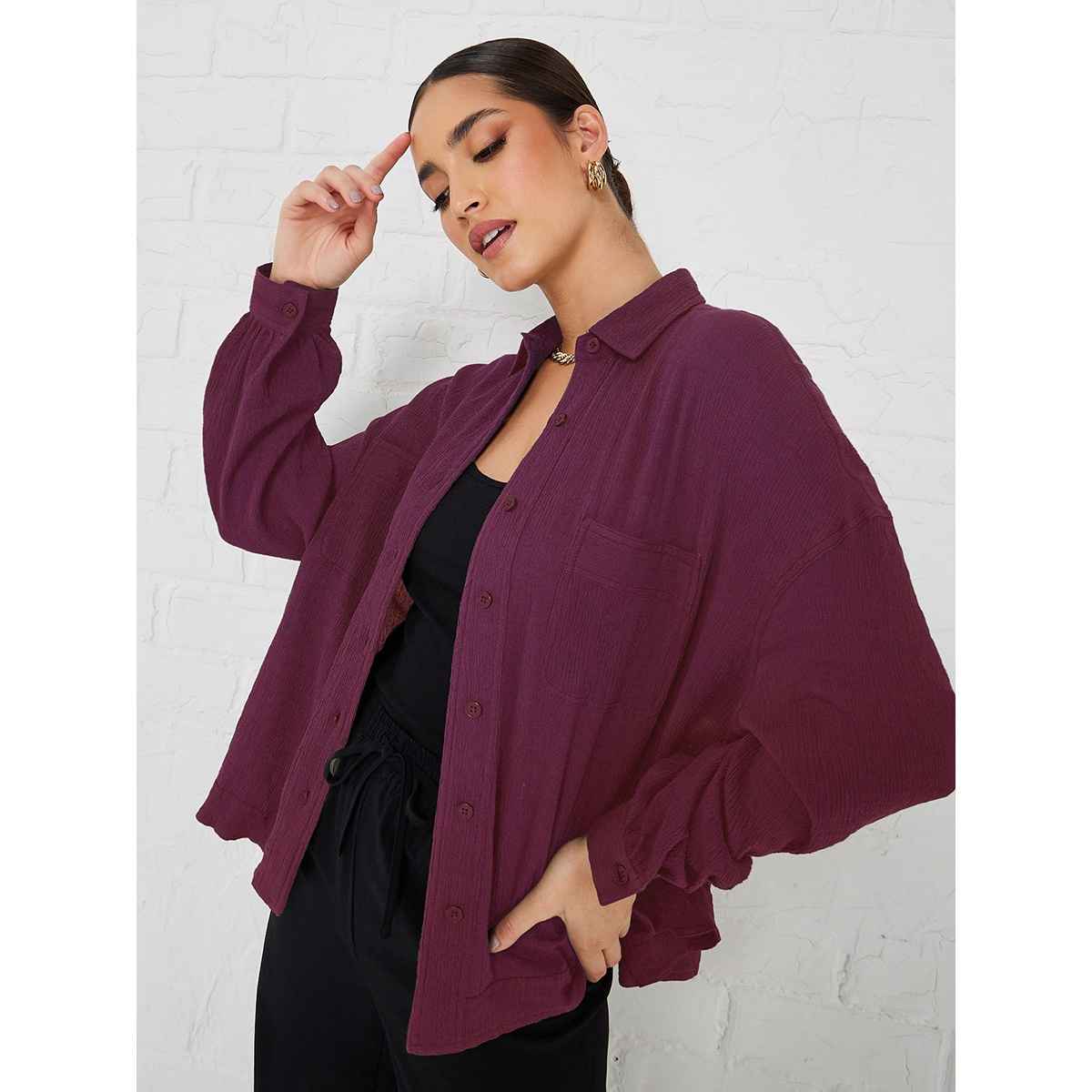 Styli Women's Oversized Shirt with Crepe Fabric, Drop Shoulder and Patch Pocket | Purple - XXL